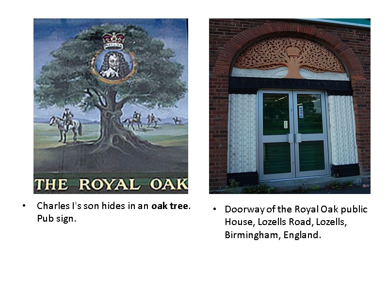 Charles I's son hides in an oak tree. Pub sign. Doorway of the Royal